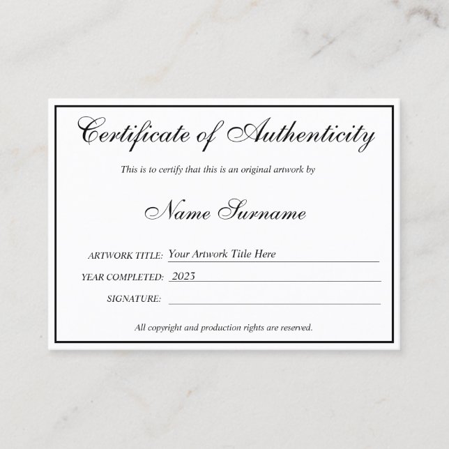 Certificado de Autenticidade Trabalho de arte por  (Frente)