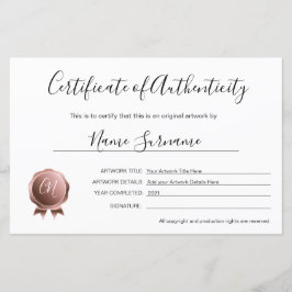 Certificado de Autenticidade Trabalho de arte por