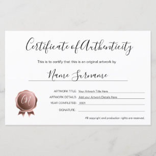 Certificado de Autenticidade Trabalho de arte por