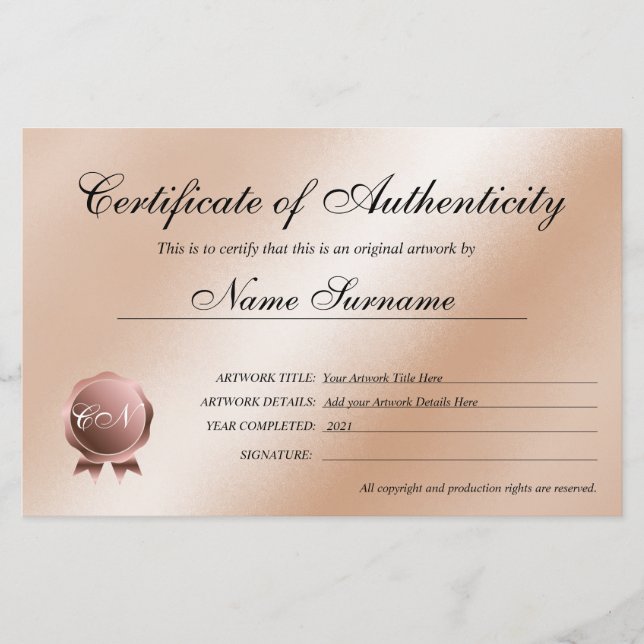 Certificado de Autenticidade Trabalho de arte por (Frente)