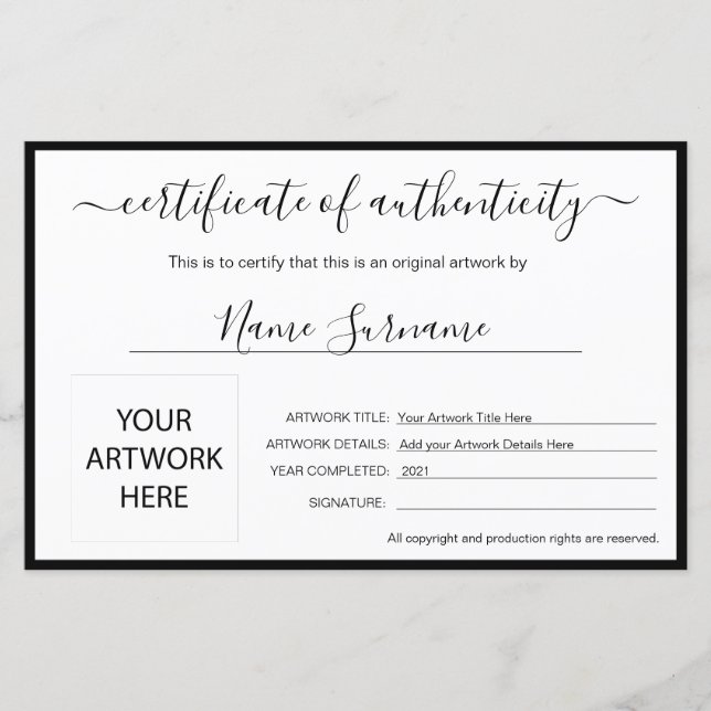 Certificado de Autenticidade Trabalho de arte por (Frente)