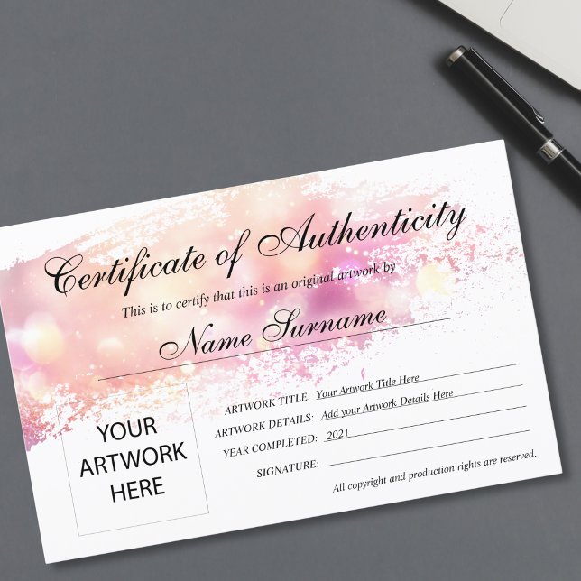 Certificado de Autenticidade Trabalho de arte por (modern blush art brush stroke certificate of authenticity for your artwork)