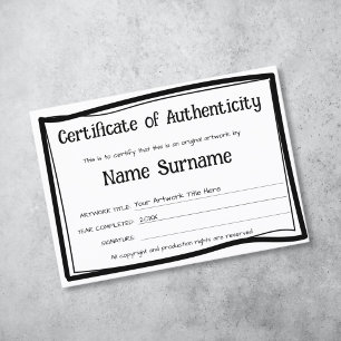 Certificado de Autenticidade Trabalho de arte por