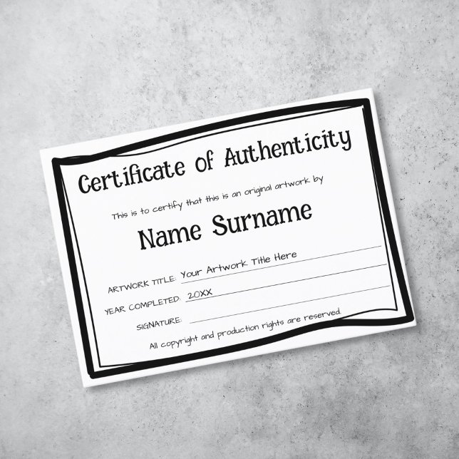 Certificado de Autenticidade Trabalho de arte por  (simple modern black and white authenticity certificate)