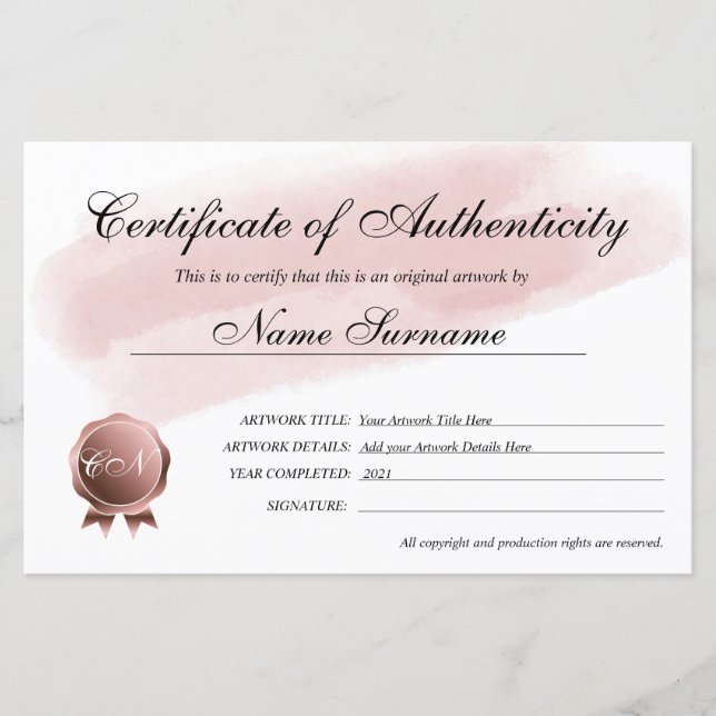 Certificado de Autenticidade Trabalho de arte por (Frente)