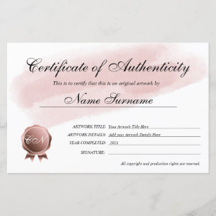 Certificado de Autenticidade Trabalho de arte por