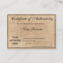 Certificado de Autenticidade Trabalho de arte por