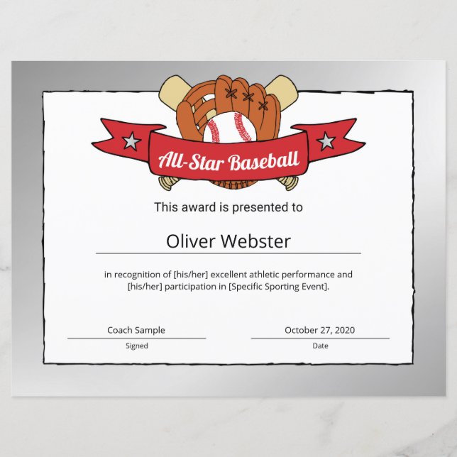 Certificado de Baseball de Jogador de Baseball All (Frente)