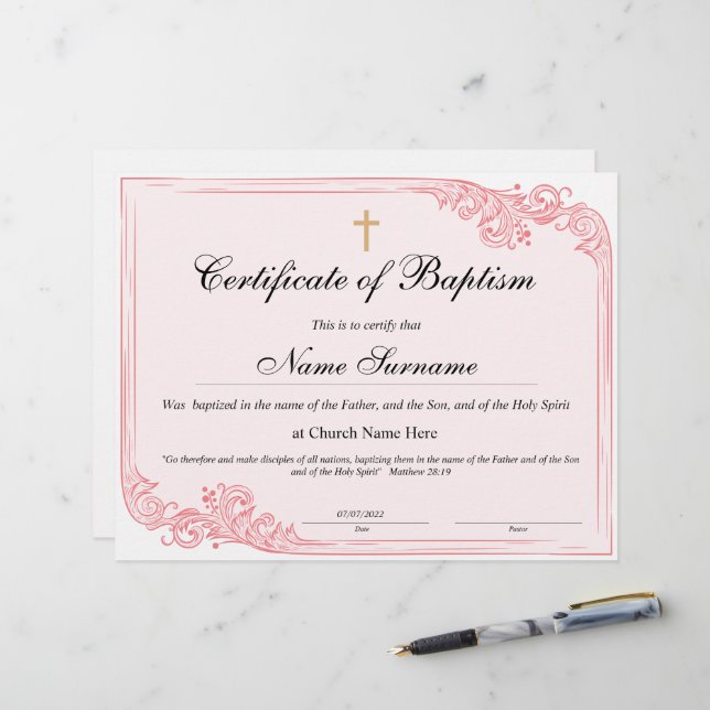 Certificado de Batismo, Dedicação de Bebês (Frente/Verso In Situ)