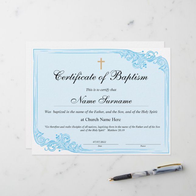 Certificado de Batismo, Dedicação de Bebês (Frente/Verso In Situ)