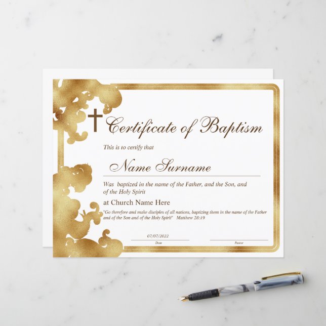 Certificado de Batismo, Dedicação de Bebês (Frente/Verso In Situ)