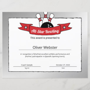 Certificado de Boliche de jogador de Boliche All-S