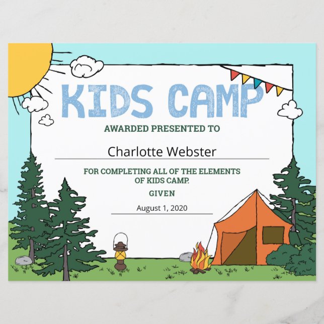Certificado de Camp para Crianças de Verão (Frente)