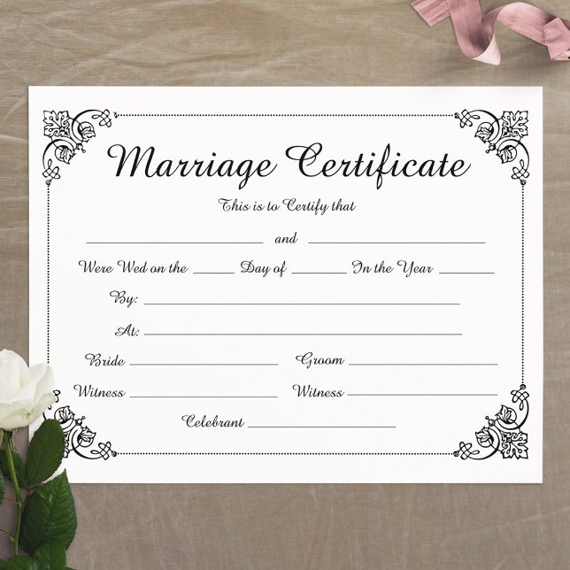 Certificado de Casamento com Letra de Borda Floral (Elegant Floral Border Script Marriage Certificate)