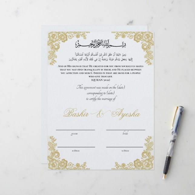 Certificado de Casamento Nikkah Personalizado Inst (Frente/Verso In Situ)