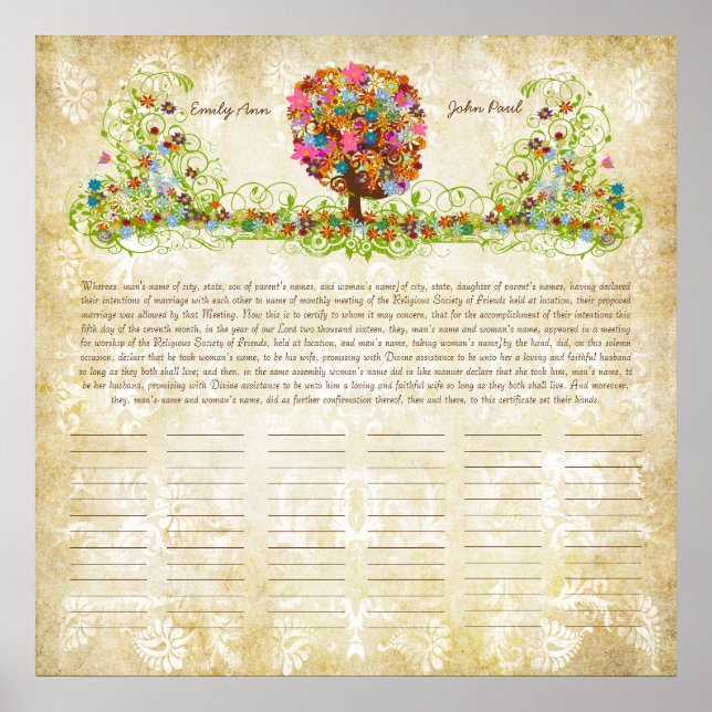 Certificado de Casamento Quaker com Impressão de Á (Frente)
