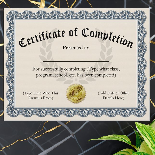 Certificado de Conclusão Azul Personalizável 21,59 (certificate of completion)