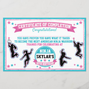 Certificado de conclusão da Ninja Warrior Girl Par