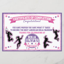 Certificado de conclusão da Ninja Warrior Girl Par