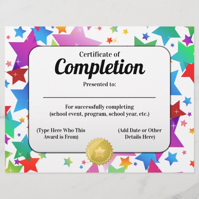 Certificado de conclusão de estrelas coloridas 8,5 (Frente)