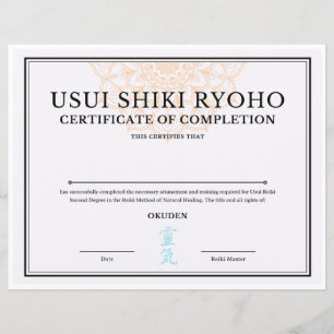 Certificado de conclusão de reiki (OKUDEN)