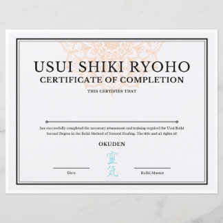 Certificado de conclusão de reiki (OKUDEN)