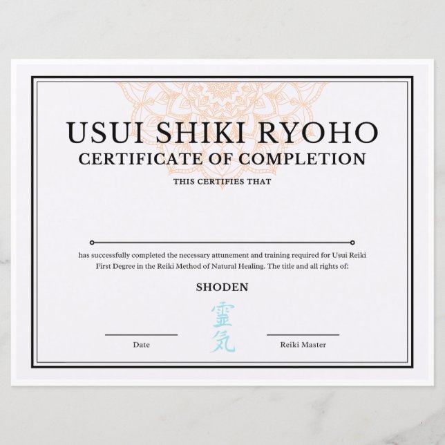 Certificado de conclusão de reiki (SHODEN) (Frente)