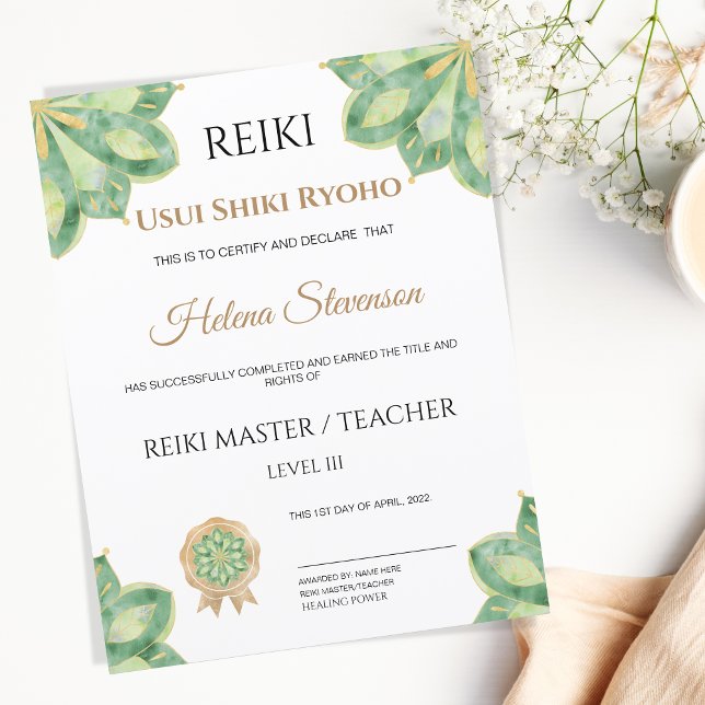 Certificado de conclusão de Yoga em Reiki (reiki certificate green watercolor mandala)