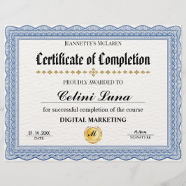 Certificado de Conclusão Elegante Bleu - Moderno