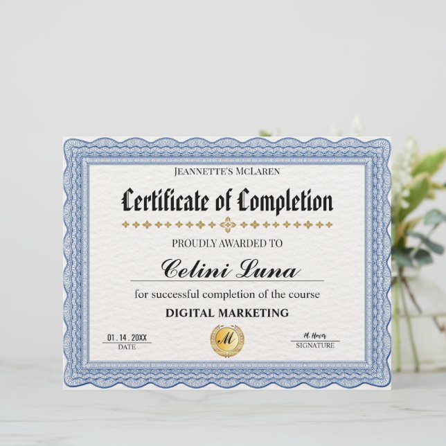 Certificado de Conclusão Elegante Bleu - Moderno (Em pé/Frente)