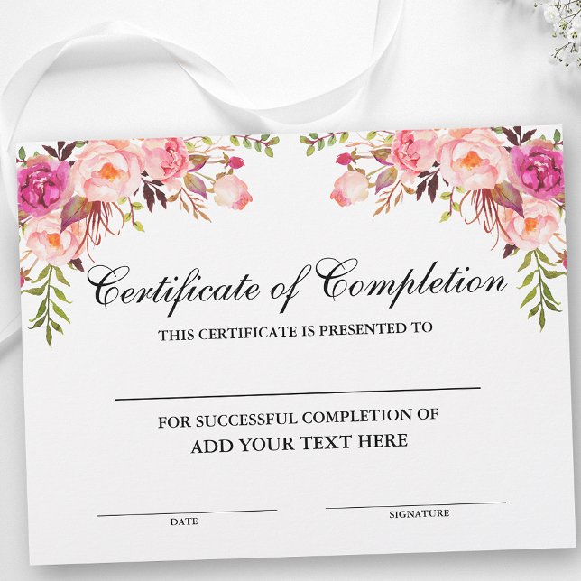 Certificado de Conclusão Floral Rosa - Seu Texto (Customize to change text size, text style or text color.)