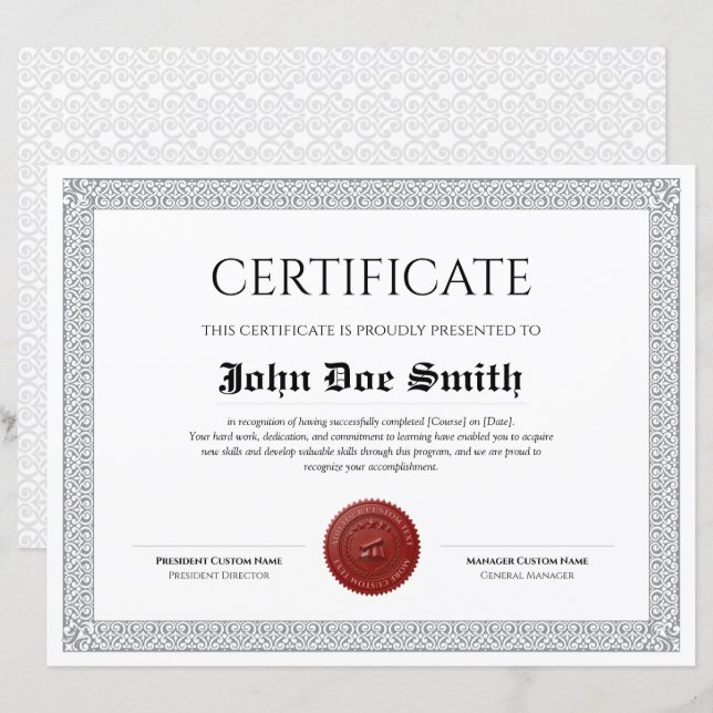 Certificado de Diploma Clássico Elegante com selo  (Frente/Verso)