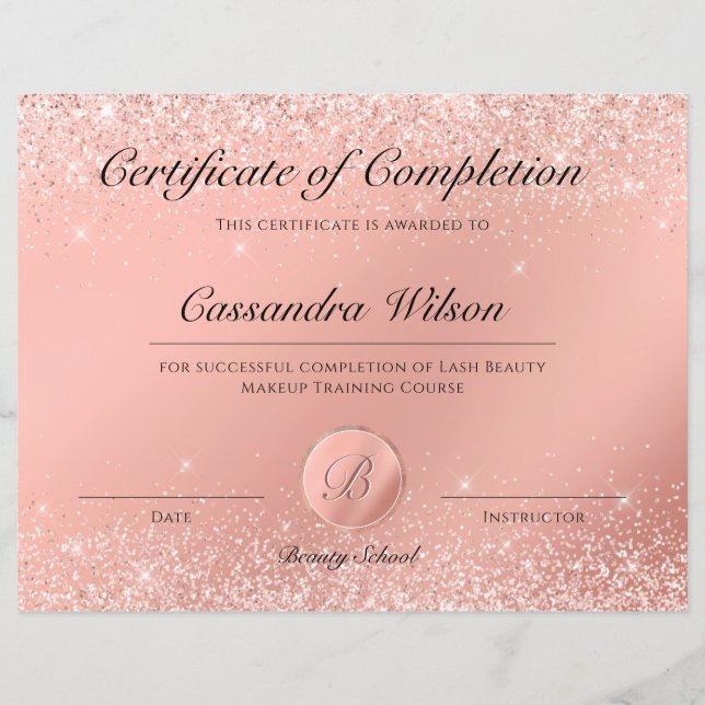 Certificado de Escola de Beleza em Luxuoso Rose Go (Frente)