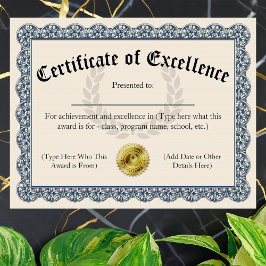 Certificado de Excelência Azul Personalizável 8,5x