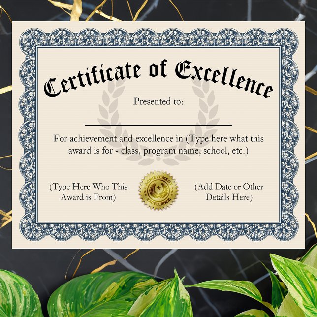 Certificado de Excelência Azul Personalizável 8,5x (certificate of excellence)