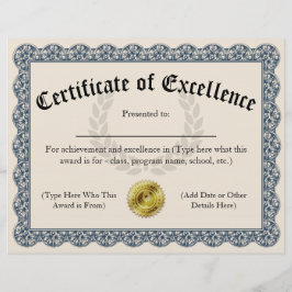Certificado de Excelência Azul Personalizável 8,5x