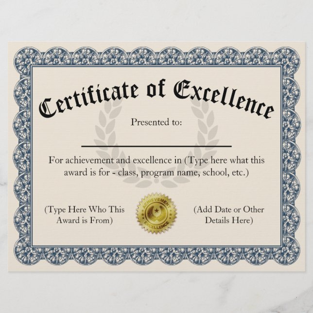 Certificado de Excelência Azul Personalizável 8,5x (Frente)