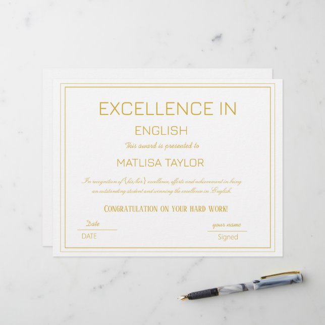 Certificado de Excelência em Realização de Inglês (Frente/Verso In Situ)