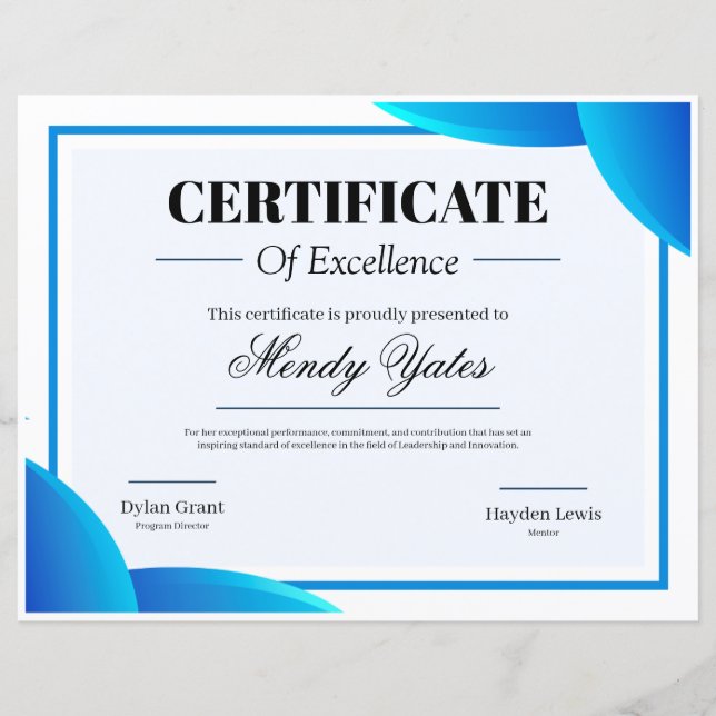 Certificado de Excelência Moderno Azul e Branco (Frente)