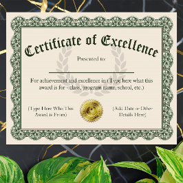 Certificado de excelência, personalizável 8,5x11