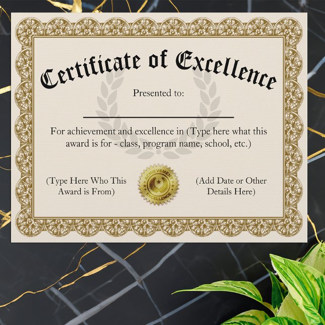 Certificado de excelência personalizável Dourado 8 (Certificate of Excellence)