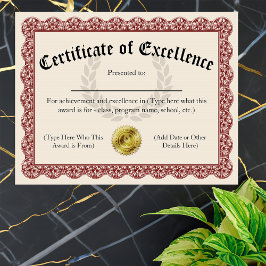 Certificado de excelência Red Personalizável 8,5x1