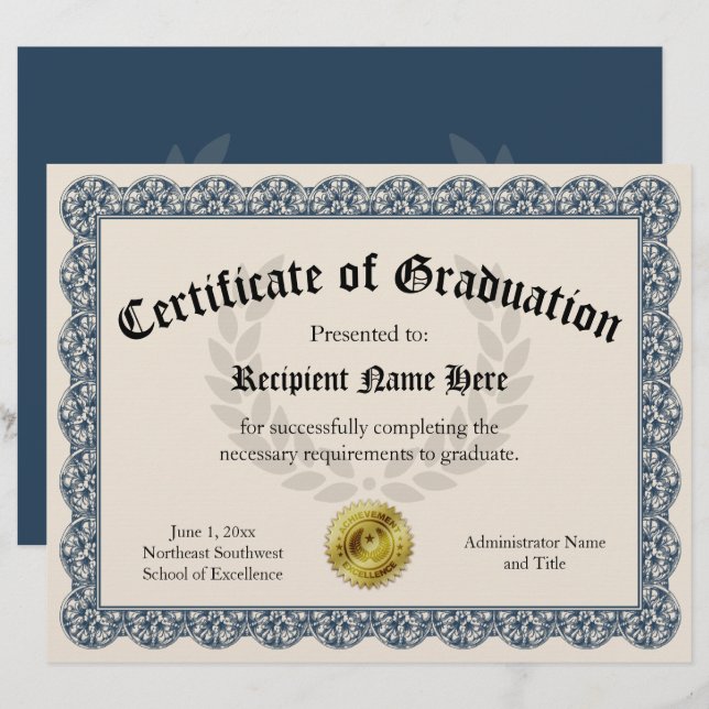 Certificado de Graduação Azul Personalizável 8,5x1 (Frente/Verso)