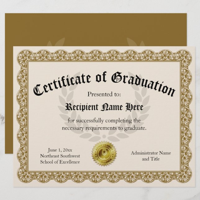 Certificado de Graduação Dourada Personalizável 8, (Frente/Verso)