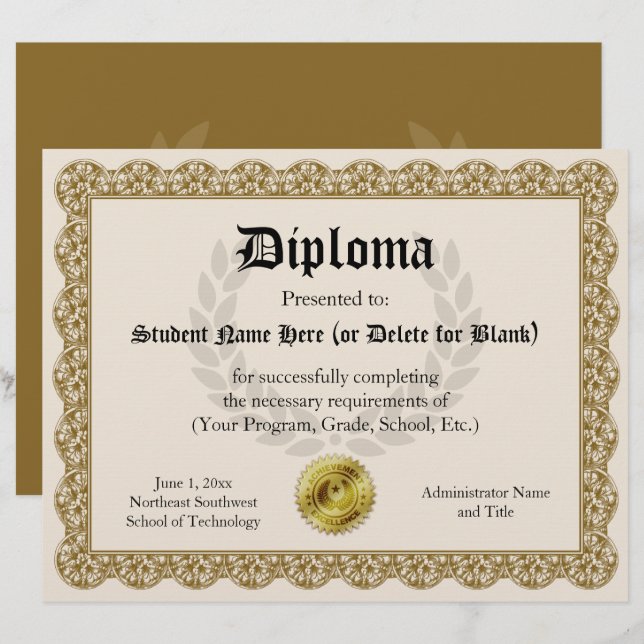 Certificado de licenciatura Dourado 8,5x11 (Frente/Verso)