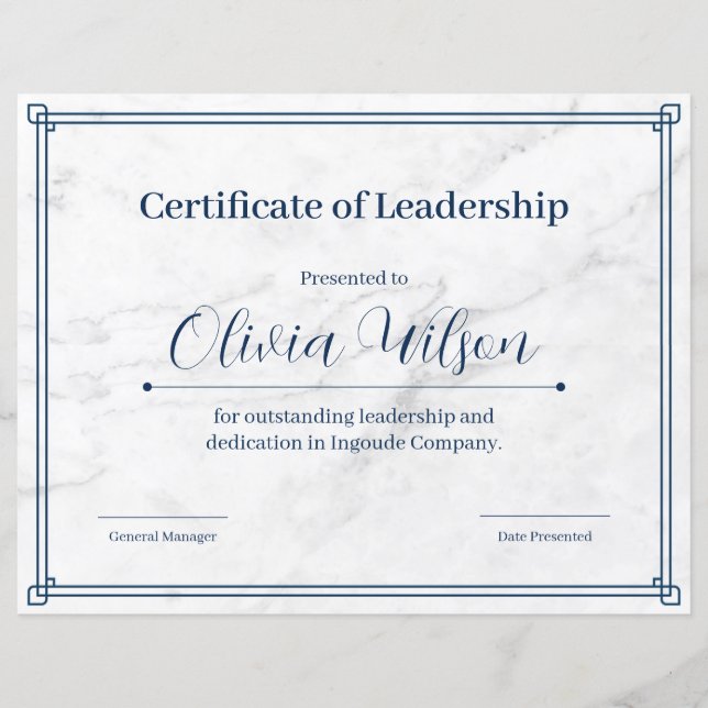 Certificado de Liderança Minimalista em Mármore Mo (Frente)