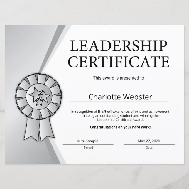 Certificado de Liderança Prateada de Conquista PDF (Frente)