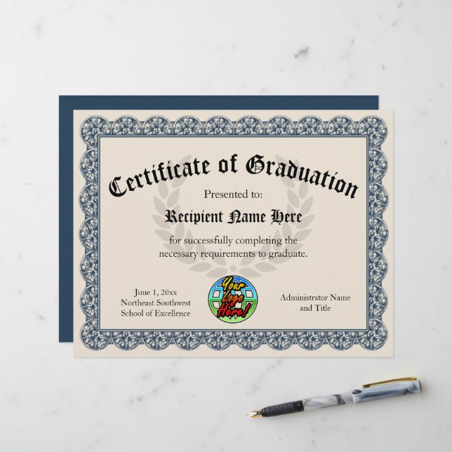 Certificado de Logotipo Personalizável Azul de Gra (Frente/Verso In Situ)