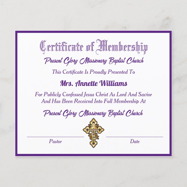 Certificado de Membros da Igreja (Frente)