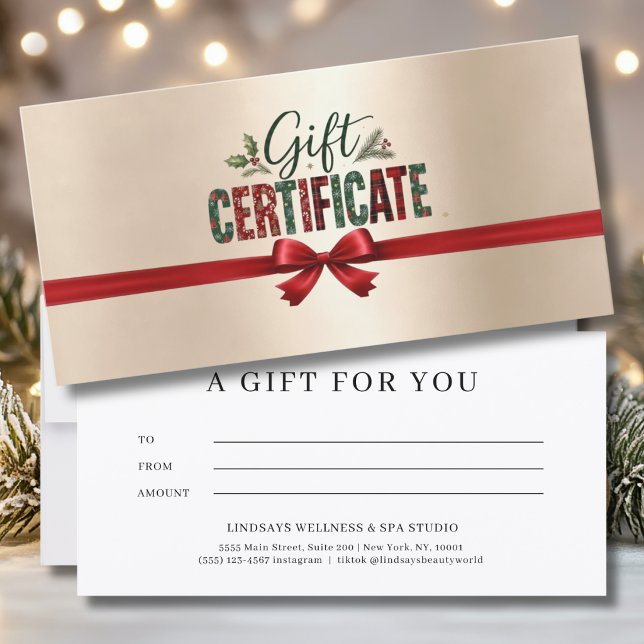 Certificado de Negócios com Arco de Natal Festivo  (Festive Christmas Bow Script Gold Business Certificate)